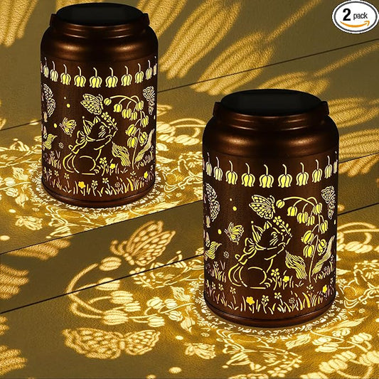 2 Pack Solar Lanterns Outdoor Waterproof, Cats Garden Decor Gifts for Women Mom Grandma Hanging Solar Lights Metal Decoration Outside for Yard, Patio, Lawn