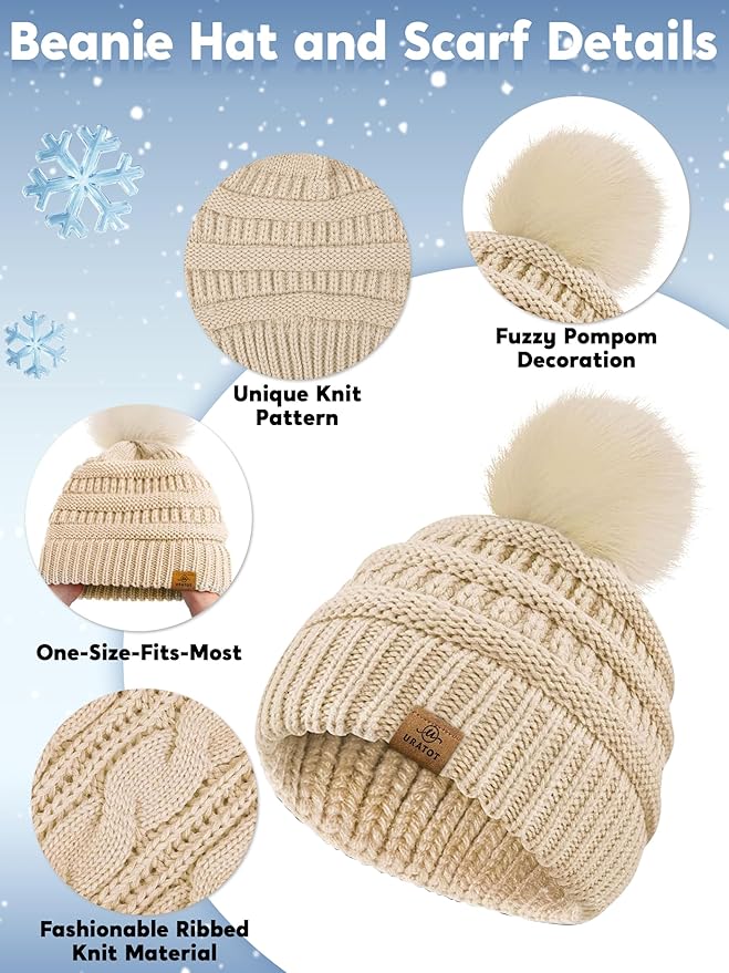 URATOT 4-In-1 Winter Warm Sets Knitted Scarf Touch Screen Gloves Beanie Pompom Hat and Winter Ear Warmer for Men or Women