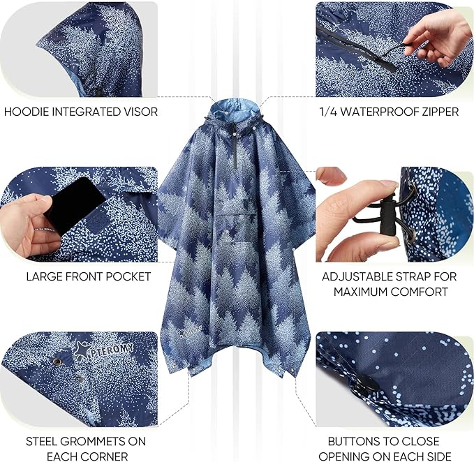 PTEROMY Hooded Rain Poncho for Adult with Pocket, Waterproof Lightweight Unisex Raincoat for Hiking Camping Emergency