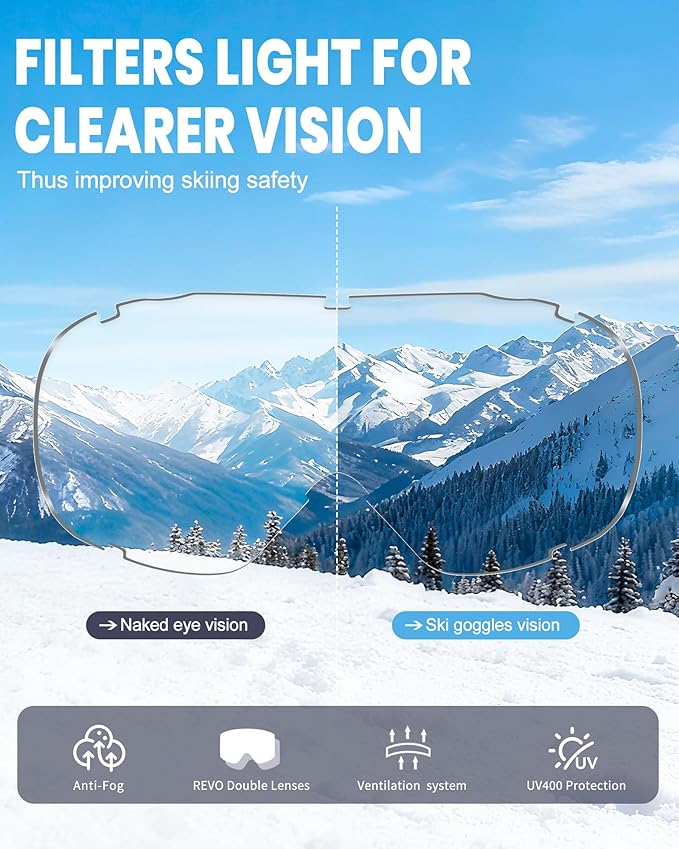 AVV Ski Goggles UV Protection, Anti-Fog Snowboard Snow Goggles OTG for Men Women Adults & Youths