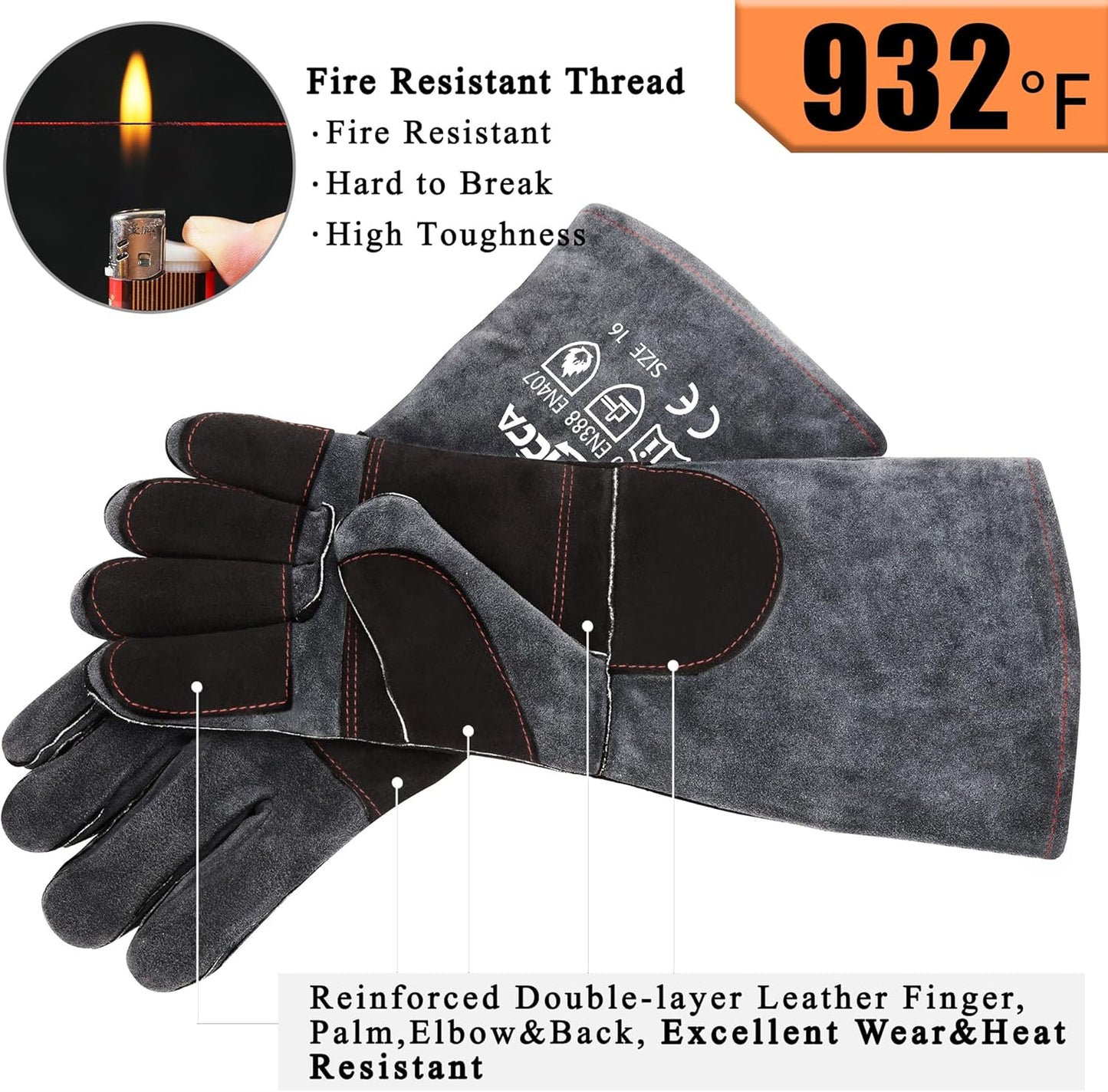 Fireplace Gloves Fire Heat Resistant: Dark-Grey 16IN 932℉ - Fireproof Leather for Fireplace Fire Pit Wood Stove Campfire Furnace BBQ Grill Oven Stick Mig Welding Welder Gear - Birthday Gift XL
