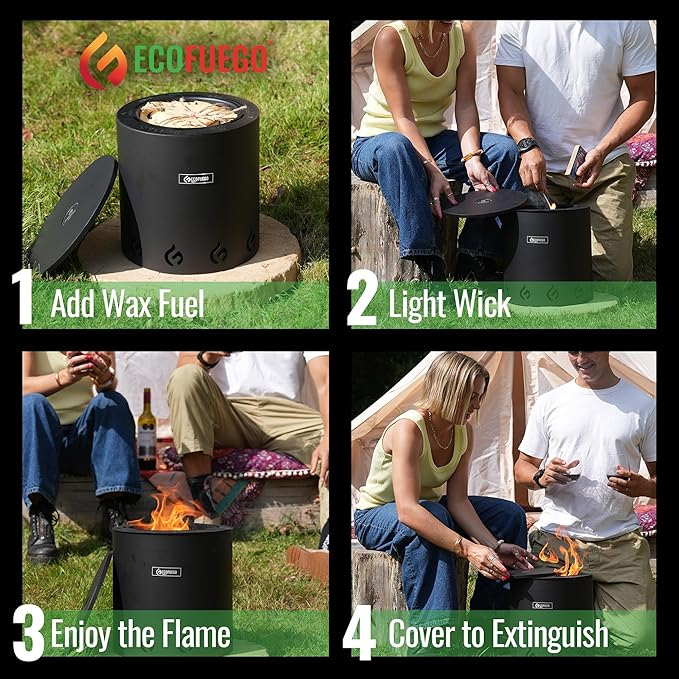 El Campo Portable Wax-Burning Fire Pit – Clean-Burning, No-Wood Fuel with 8-Hour Wax Refill – Compact and Durable for Camping, Travel, and Outdoor Use – Stainless Steel Finish