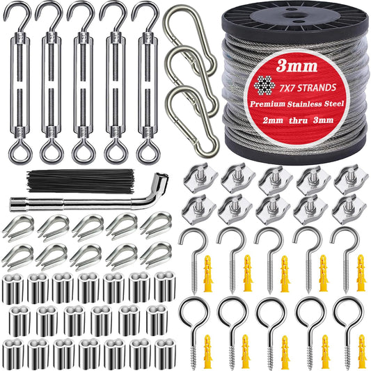 1/8" Stainless Steel Cable,100ft Wire Rope Kit Turnbuckles for Cables Wire, 7x7 Strand Core 3/32" Overmolded to 1/8" Metal Cable for Outdoor Hanging Kit,Garden Fence,Decor, Plant Hanger