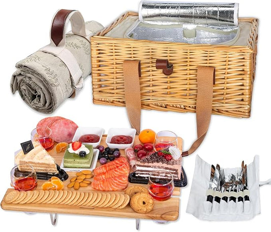 Hap Tim Wicker Picnic Basket for 4 with Mini Folding Wine Picnic Table & Large Insulated Cooler Bag & Cutlery Service Kits for 4 Person, Couples Gifts, Wedding Gifts (Y2307-4-CM)
