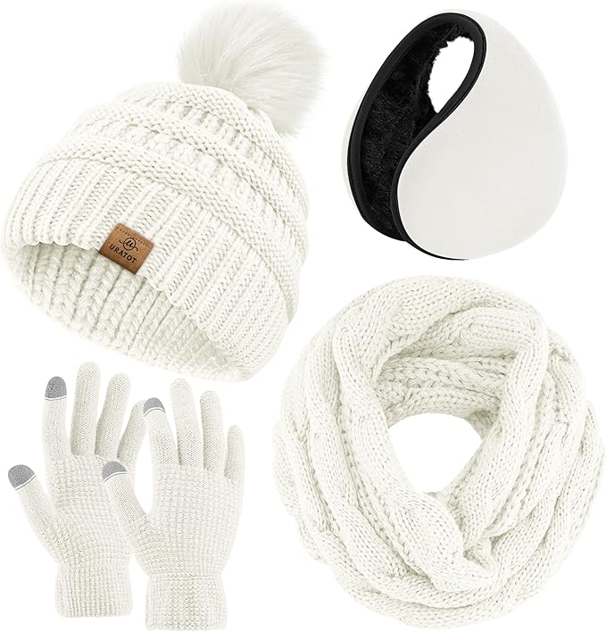 URATOT 4-In-1 Winter Warm Sets Knitted Scarf Touch Screen Gloves Beanie Pompom Hat and Winter Ear Warmer for Men or Women