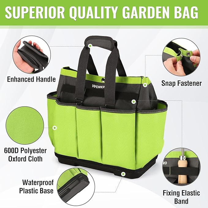 WORKPRO Garden Tool Bag with Waterproof Plastic Base, 8 Pockets Gardening Bag, Heavy Duty Oxford Garden Tote Caddy, Gardening Tool Kit Holder for Indoor and Outdoor(Tools NOT Included)