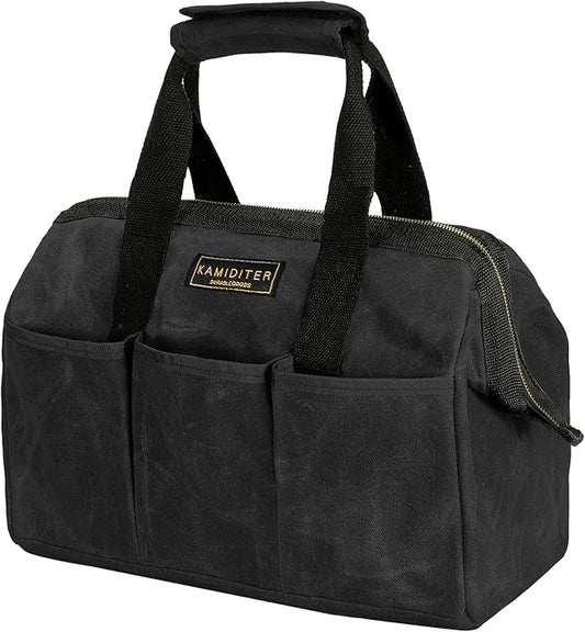 Heavy-Duty 16oz Waxed Canvas Tool Tote Bag - 15" Wide Mouth Open Top Organizer with 15 Pockets | Multi-Purpose Storage for Tools, Hardware & DIY Supplies (Black)