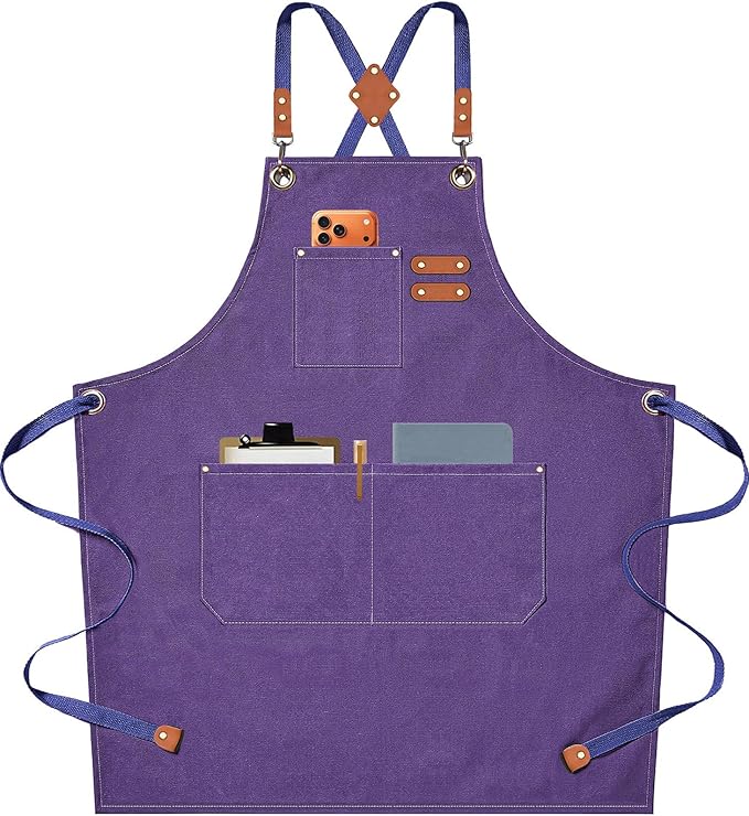 AFUN Chef Aprons for Men Women with Oversized Pockets, 16-Ounce Cotton Canvas Cross Back Heavy Duty Work Apron (Purple)