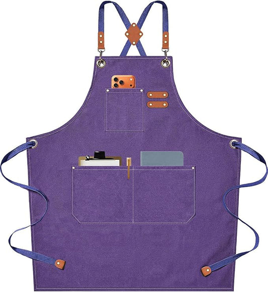 AFUN Chef Aprons for Men Women with Oversized Pockets, 16-Ounce Cotton Canvas Cross Back Heavy Duty Work Apron (Purple)