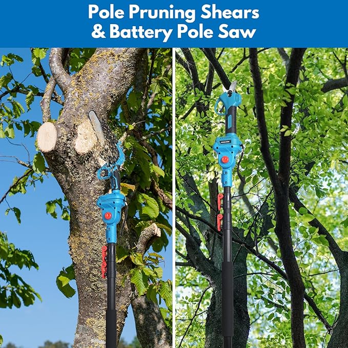 4-in-1 Cordless Pole saw Pruning Set, Electric Pruning Shears & 6 Inch pole saws for tree trimming with 8ft Max Extension Pole, Two 20V 2.0Ah Batteries, Electric Pole Saw Tree Trimming Kit