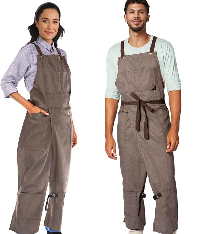 Under NY Sky Pottery Beige Apron - Full Cover Cross-Back, Durable Denim, Leather Reinforcement, Overlapping Split-Leg - Adjustable for Men, Women - Pottery Artist, Ceramics