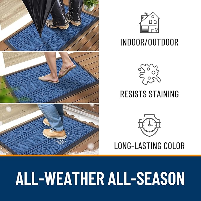 OLANLY Welcome Door Mat Indoor Outdoor Entrance, Heavy Duty Sturdy Front Door Mat, Waterproof All-Weather Doormat, Stain Resistant, Low Profile, Easy Clean Patio Entryway Mat, 36 x 24, Blue