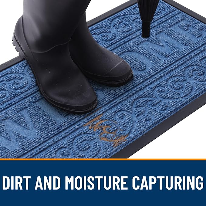 OLANLY Welcome Door Mat Indoor Outdoor Entrance, Heavy Duty Sturdy Front Door Mat, Waterproof All-Weather Doormat, Stain Resistant, Low Profile, Easy Clean Patio Entryway Mat, 36 x 24, Blue