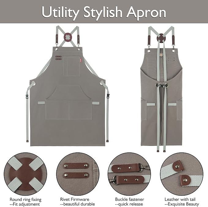 Kitchen Apron, Work Apron, Canvas, Multiple Pockets, Gardening, Painting, BBQ, Artist, Carpenter, Sizes M to XXL, Dark Gray