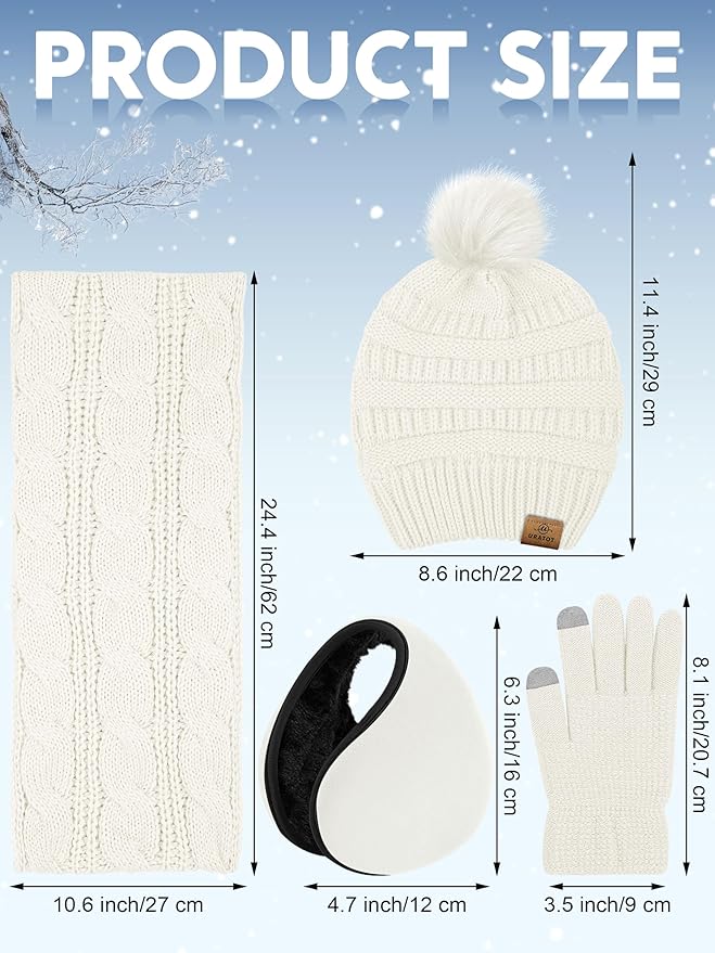 URATOT 4-In-1 Winter Warm Sets Knitted Scarf Touch Screen Gloves Beanie Pompom Hat and Winter Ear Warmer for Men or Women