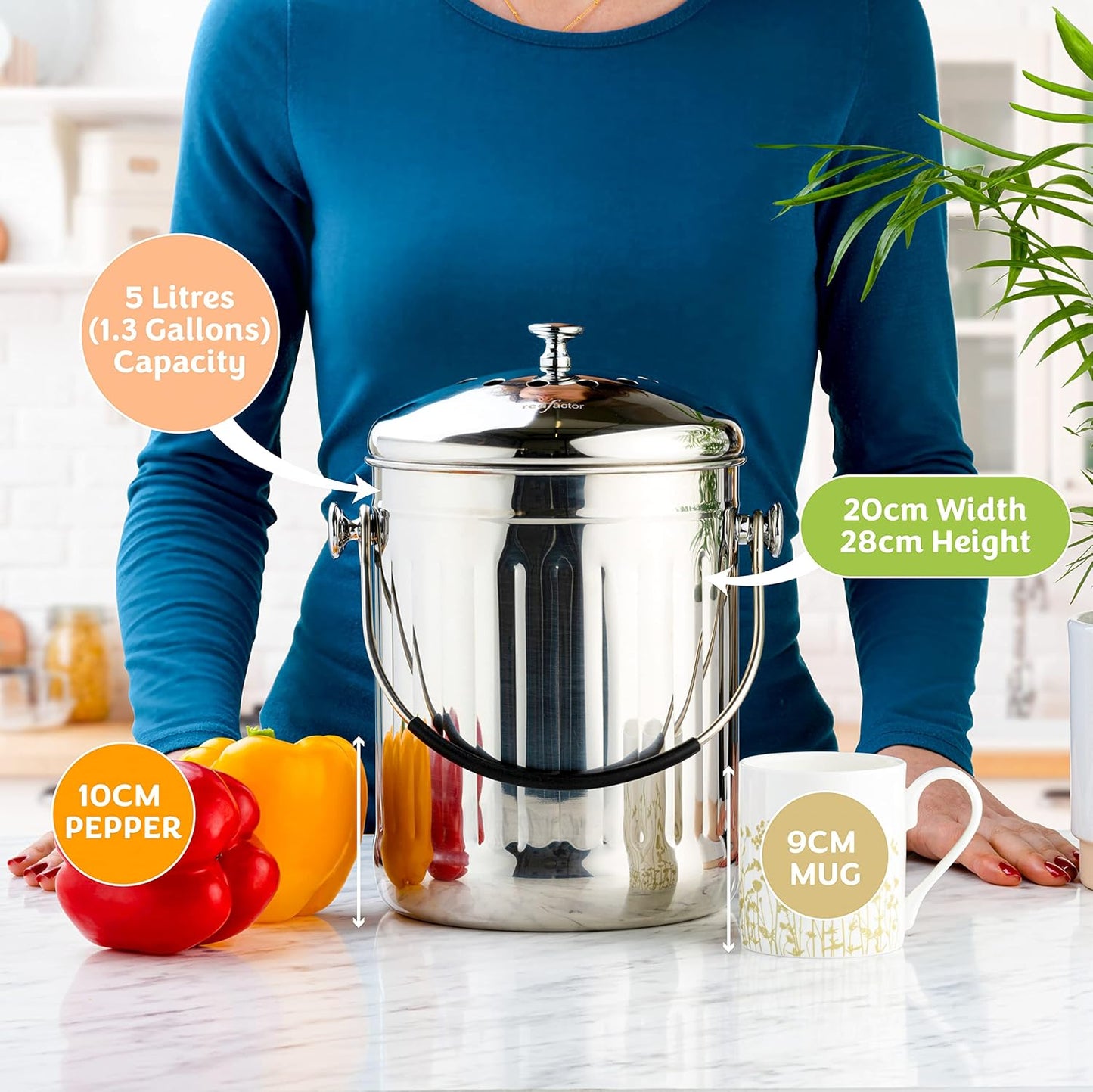 RED FACTOR Premium Compost Bin for Kitchen Countertop - Stainless Steel Food Waste Bucket with Innovative Dual Filter Technology - Includes Spare Filters (Brilliant Steel, 1.3 Gallon)