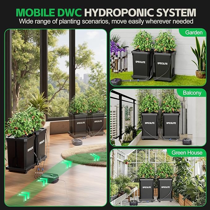 SPECILITE DWC Hydroponics Grow System with Top Drip Kit, 7 Gallon 2 Buckets Deep Water Culture Recirculating Drip Garden System with Plant Stand with Wheels, Air Pump, Air Stone, Air Hose