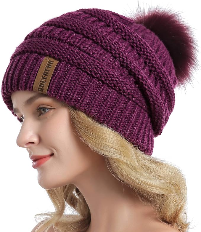 QUEENFUR Women Knit Slouchy Beanie Chunky Baggy Hat with Faux Fur Pompom Winter Soft Warm Ski Cap
