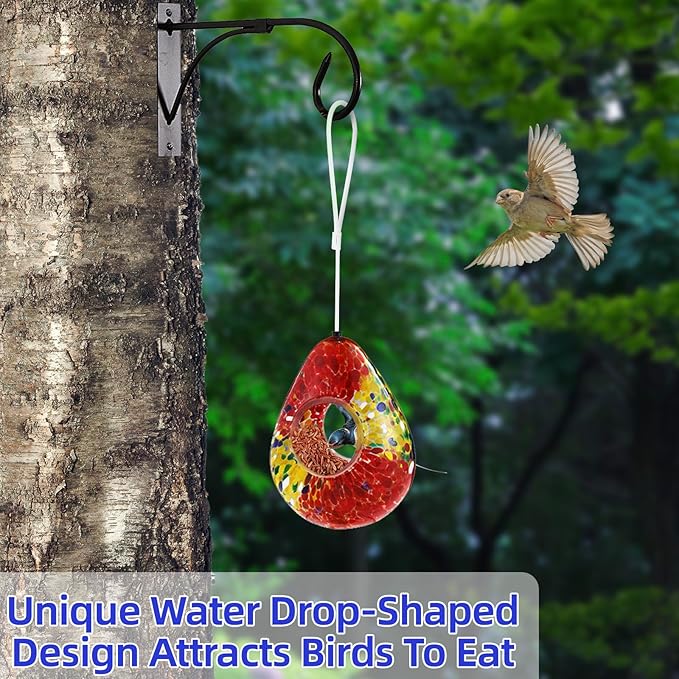 VOREEN Glass Bird Feeder, Handcrafted Hanging Fly-Through Feeder for Outdoor Garden & Backyard, Decorative Wild Bird Feeder with Steel Wire Cable，Red.