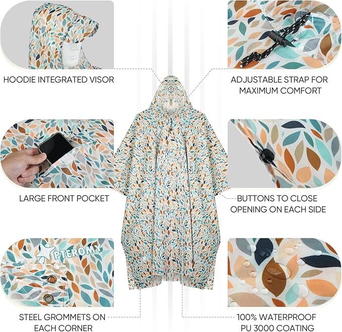 PTEROMY Hooded Rain Poncho for Adult with Pocket, Waterproof Lightweight Unisex Raincoat for Hiking Camping Emergency
