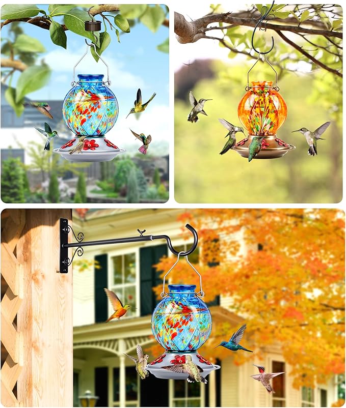 Hummingbird Feeder, BOLITE Glass Hummingbird Feeders for Outdoors Hanging, Hand Blown, with Ant Moat and Five Feeding Ports, Meshy Texture Ball Shape Bottle, 20 Ounces, Blue, Gifts for Women Men