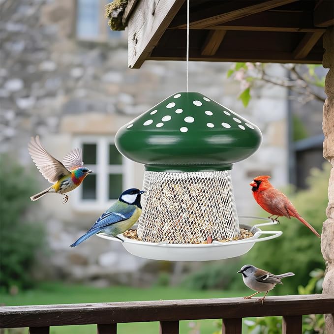 Bird Feeder, Heavy Duty Metal Bird Feeders for Outdoor Hanging, Cute Mushroom Shape Wild Birdfeeder for Outside Garden Yard (Green)