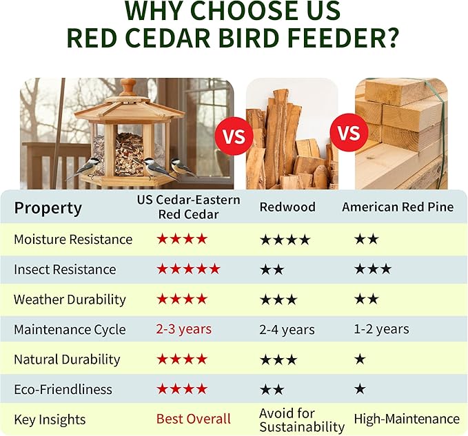 Solution4Patio Bird Feeder for Outdoors - USA Cedar Hexagon Gazebo Bird Feeders with Vented Mesh Tray, Easy-Clean & Fill Design 9.6" Dia. X 8.7" H 3.2-lb Capacity