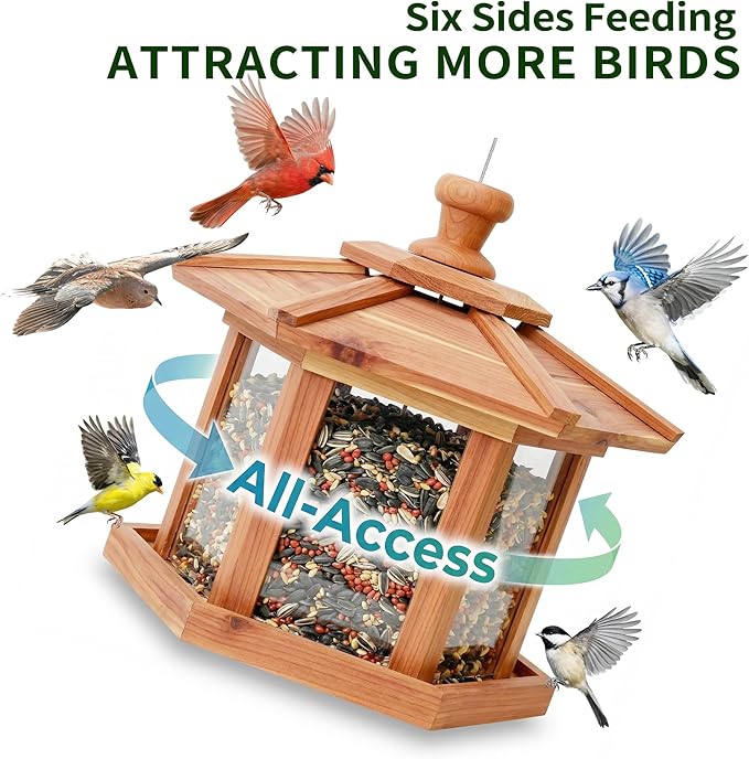 Solution4Patio Bird Feeder for Outdoors - USA Cedar Hexagon Gazebo Bird Feeders with Vented Mesh Tray, Easy-Clean & Fill Design 9.6" Dia. X 8.7" H 3.2-lb Capacity