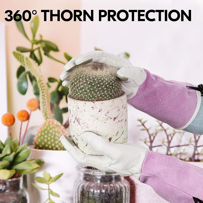 Vgo... 1-Pair Premium Genuine Goat Leather Extra-Long Cuff Thornproof Gardening Gloves (Size L, Pink White, GA1013)