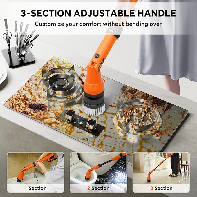 1000RPM Electric Spin Scrubber, 20V Cordless Cleaning Brush with Adjustable Extension Arm, 4 Replaceable Cleaning Heads, Hook and Gloves, 1 Hour Fast Charge, Waterproof - for Bathroom/Tub/Tile/Floor
