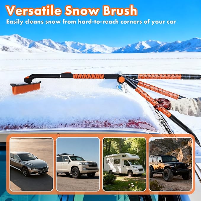Eazy2hD 3 in 1 Bendable Silicone Snow Brush with Ice Scrapers, 65.75" Extendable Window Ice Removal with Squeegee for Windshield, 360° Pivoting Brush Head Cleaner Tool for Car, Truck, SUV