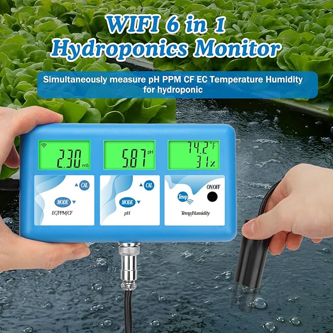 Hydroponic ppm pH Monitor, WiFi 6 in 1 pH EC Meter for Hydroponics Growing System,Continuous Monitoring pH PPM EC CF Humidity Temp of DWC Grow System Water Reservoir Tank Aeroponic Garden Aquarium...