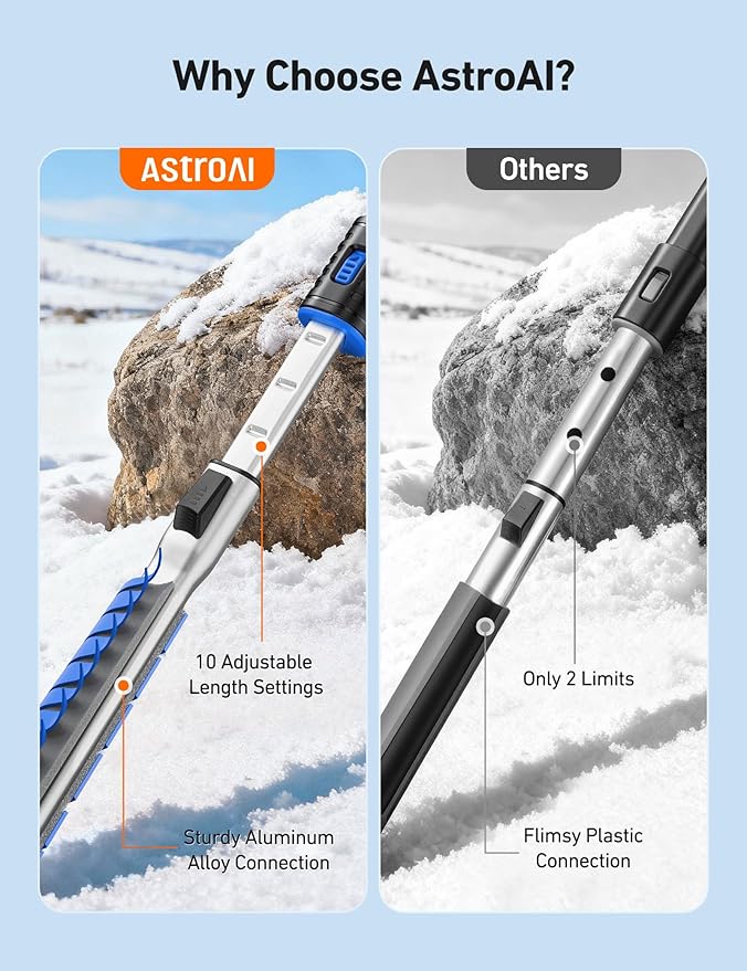 AstroAI 47.2" Ice Scrapers for Car Windshield, 3 in 1 Sturdy Snow Brush with Squeegee, 10 Adjustable Length Settings, Extendable Aluminum Handle, 180° Pivoting Snow Scraper for Car, Truck, SUV(Blue)