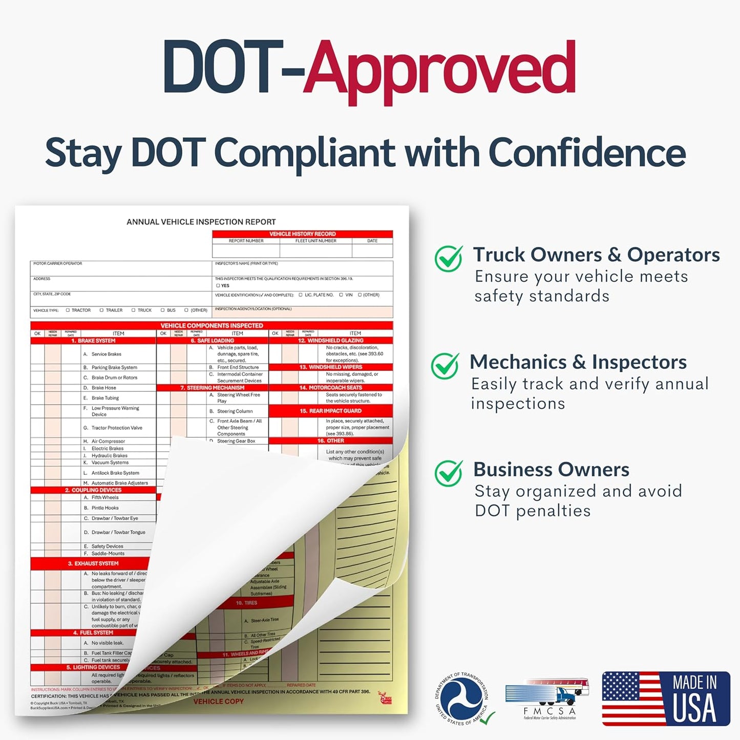 50 Pack 3-Ply Carbonless Annual Vehicle Inspection Report Forms with FMCSA 2-Ply Mylar Laminate Adhesive Vinyl Labels, DOT Inspection Forms and Stickers, Shrink-Wrapped, 8.5" x 11.75" - Made in USA