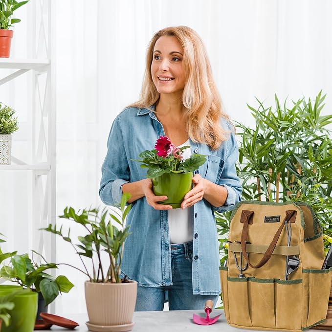 Canvas Tool Bag, 16OZ Waxed Canvas Garden Tool Tote - with 3 Inner Slots & 8 Outer Pockets & Portable Handle, Gardening Tool Storage Bag for Gardener Florist Workshop - Khaki