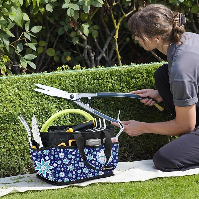 Housolution Gardening Tote Bag, Deluxe Garden Tool Storage Bag and Home Organizer with Pockets, Wear-Resistant & Reusable, 14 Inch, Blue Flowers