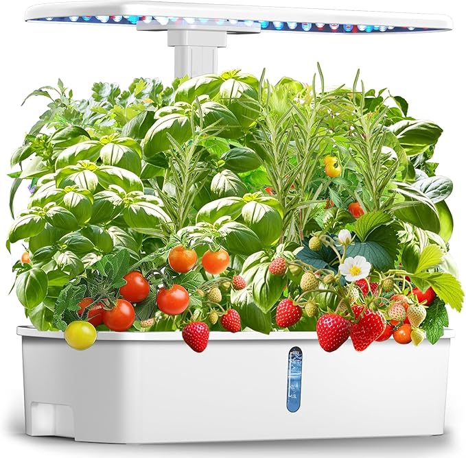 Hydroponics Growing System Kit 12 Pods, Hydroponic Herb Garden Kit Indoor with 24W LED Grow Light, Smart Indoor Garden, Height Adjustable, Auto Timer, Quiet Pump, Gardening Gifts for Mom Women, White