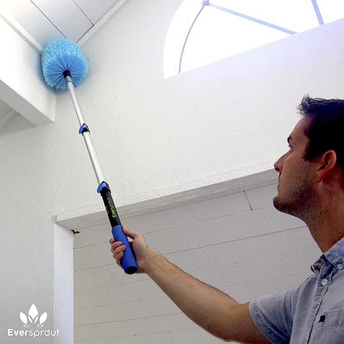 EVERSPROUT 1.5-to-3 Foot Cobweb Duster and Extension-Pole Combo (8-10 Ft Standing Reach, Soft Bristles) | Hand Packaged | Lightweight, 3-Stage Aluminum Pole | Indoor & Outdoor Use Brush Attachment