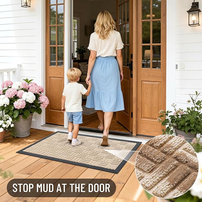 OLANLY Front Door Mat Outside Entrance 47x17, Absorbent, Heavy Duty Sturdy Natural Rubber Doormat Indoor Outdoor, Non-Slip, Stain and Fade Resistant, Low Profile Floor Mat for Entryway, Latte White