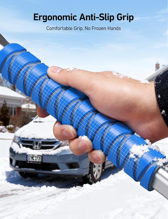 AstroAI 47.2" Ice Scrapers for Car Windshield, 3 in 1 Sturdy Snow Brush with Squeegee, 10 Adjustable Length Settings, Extendable Aluminum Handle, 180° Pivoting Snow Scraper for Car, Truck, SUV(Blue)
