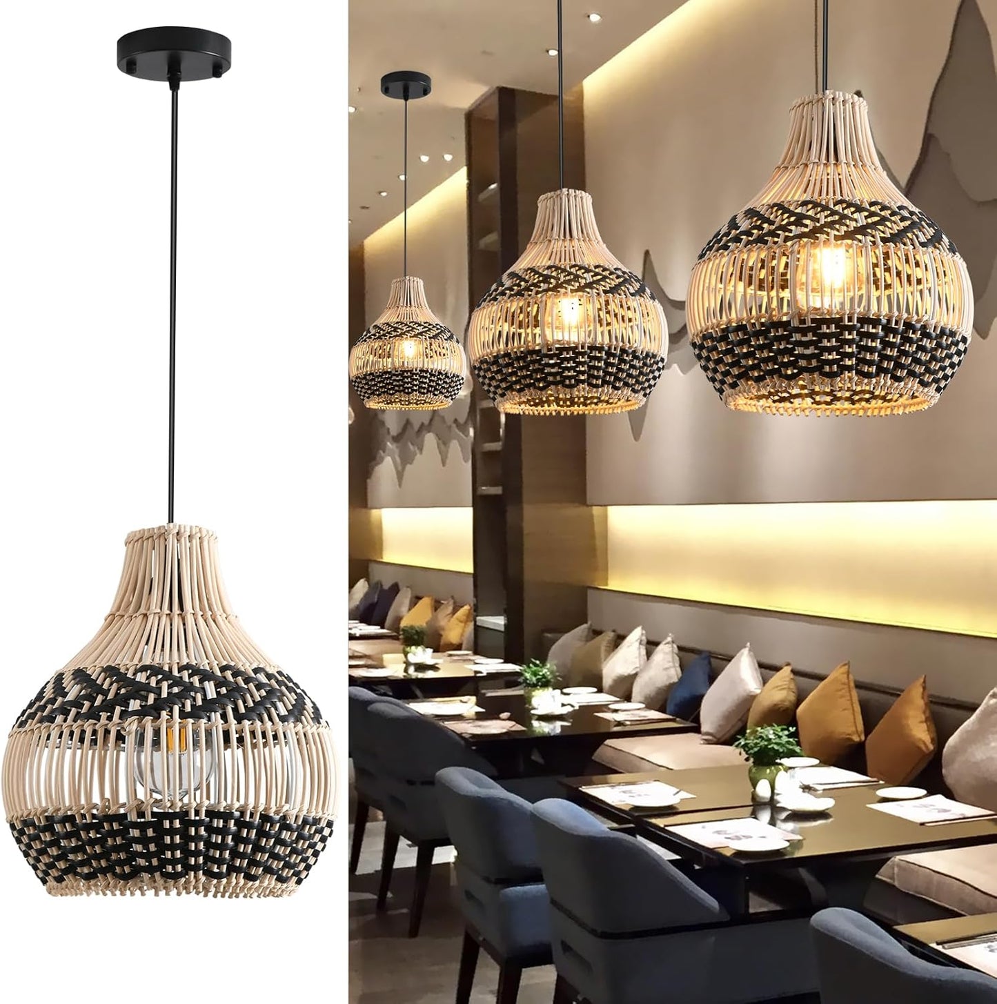 3-Pack Fax Rattan Pendant Light Fixture Mini Hand-Woven Black White Rattan Chandelier 10.24" Boho Wicker Hanging Lamp for Dining Living Bedroom Kitchen Farmhouse