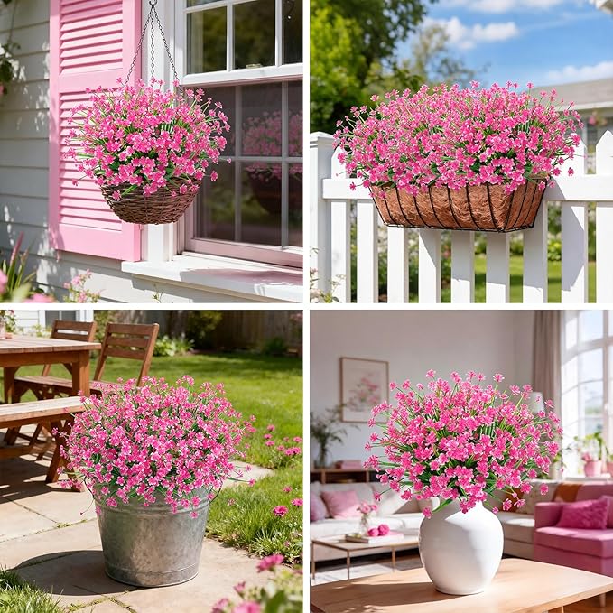 Ouddy Decor 24 Bundles Artificial Flowers for Outdoors UV Resistant Fake Plastic Plants Faux Greenery Stems for Spring Summer Indoor Garden Patio Window Box Kitchen Home Decor, Pink