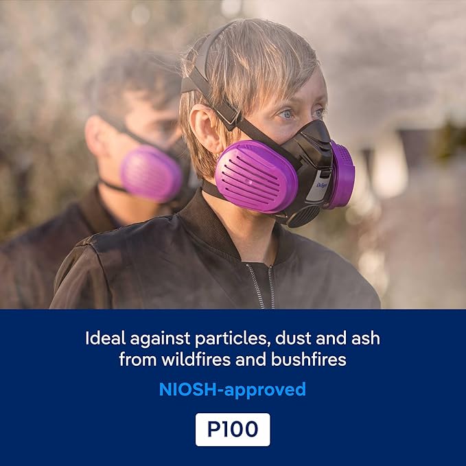 Dräger X-plore 3500 half-face respirator mask with P100 particle filters against smoke particles from wildfire