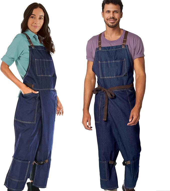 Under NY Sky Pottery Blue Apron – Full Cover Cross-Back, Durable Denim, Leather Reinforcement and Overlapping Split-Leg – Adjustable for Men and Women – Pro Pottery Artist, Mechanics