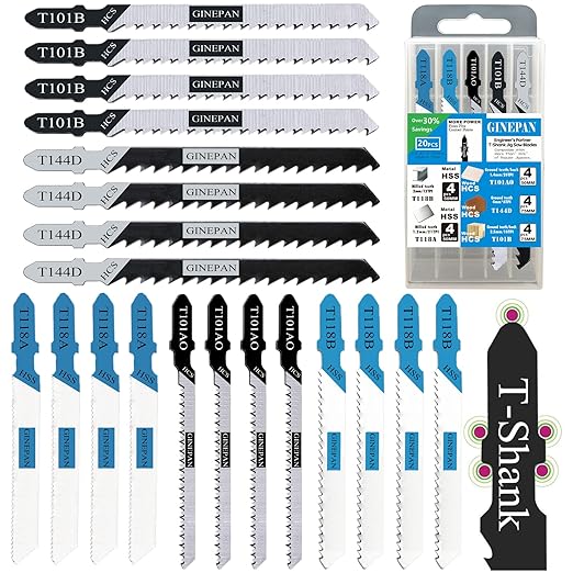 20PCS T Shank Jigsaw Blades Tool for Wood Plastic Metal Compatible with 90% Power Jig Saws Such as Bosch DEWALT RYOBI One+ Makita SKIL Black+Decker Includes 4 Each of T101B T101AO T144D T118A & T118B