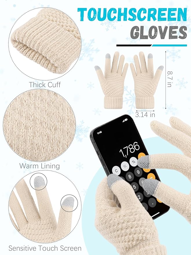 Winter Hat Scarf Gloves and Ear Warmer, Warm Knit Beanie Hat Touch Screen Gloves Set Winter Gifts Neck Scarves for Women