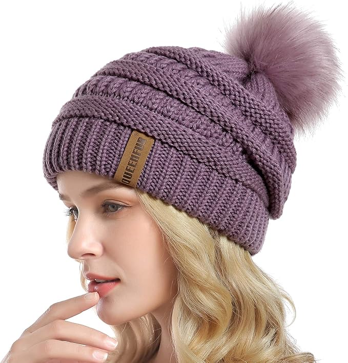 QUEENFUR Women Knit Slouchy Beanie Chunky Baggy Hat with Faux Fur Pompom Winter Soft Warm Ski Cap
