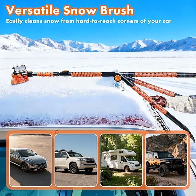 Eazy2hD 3 in 1 Bendable Snow Brush with Ice Scrapers, 64.17" Extendable Window Ice Removal with Squeegee for Windshield, 180° Pivoting Brush Head Cleaner Tool for Car, Truck, SUV
