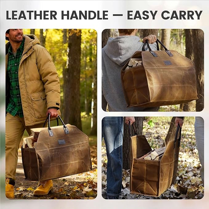 INNO STAGE Heavy Duty Wax Canvas Log Carrier Tote,Large Fire Wood Bag,Durable Firewood Holder,Canvas Shopping Bags, Fireplace Wood Stove Accessories Storage Bag for Fire Pit for Camping, BBQ Barbecue