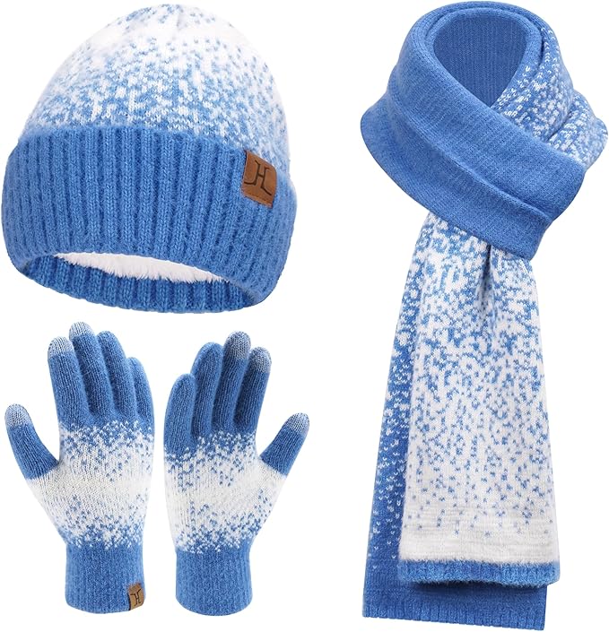 Womens Winter Knit Beanie Hats and Touchscreen Gloves Long Scarf Set with Warm Fleece Lined Skull Caps Scarves for Women